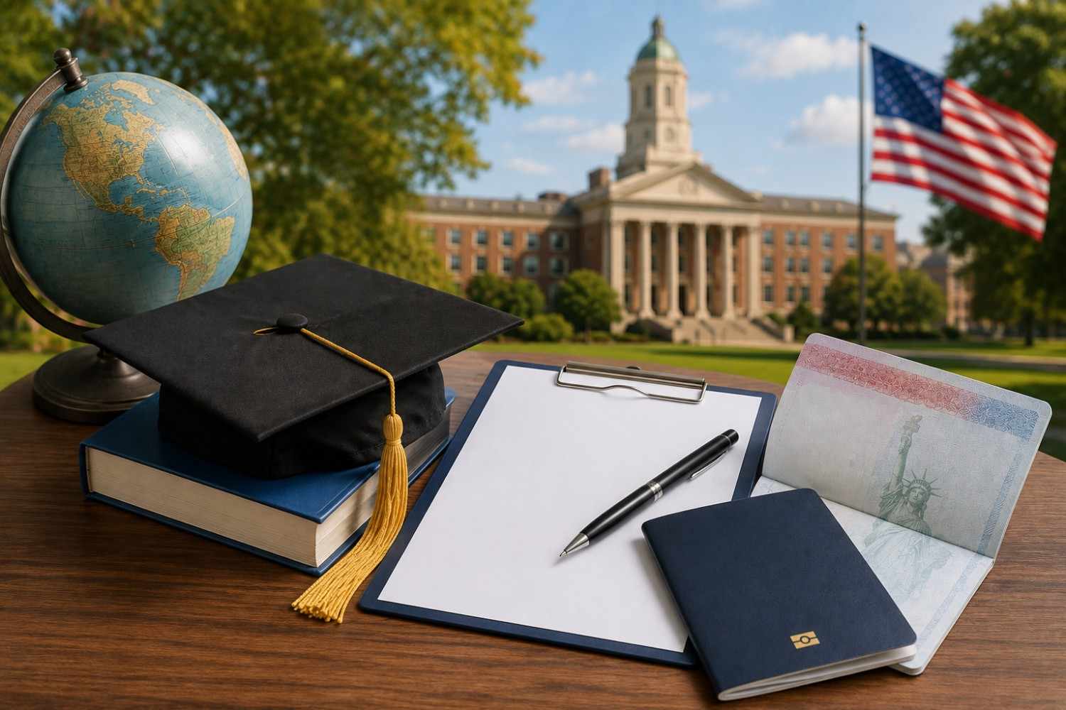 F1 visa for MBA in USA with passport, graduation cap, university campus, U.S. flag and study-abroad application documents.